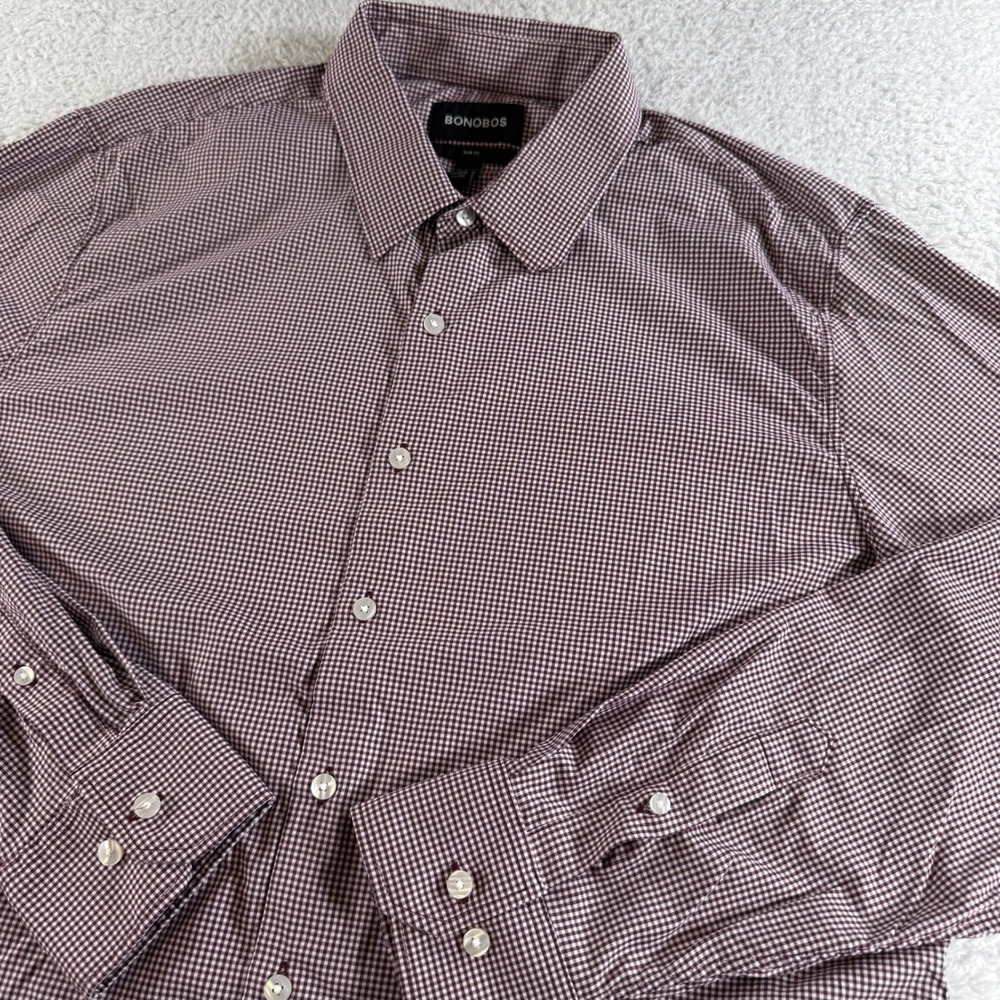 Bonobos Button Down Shirt Mens XL Burgundy Gingham Slim Fit Performance Stretch